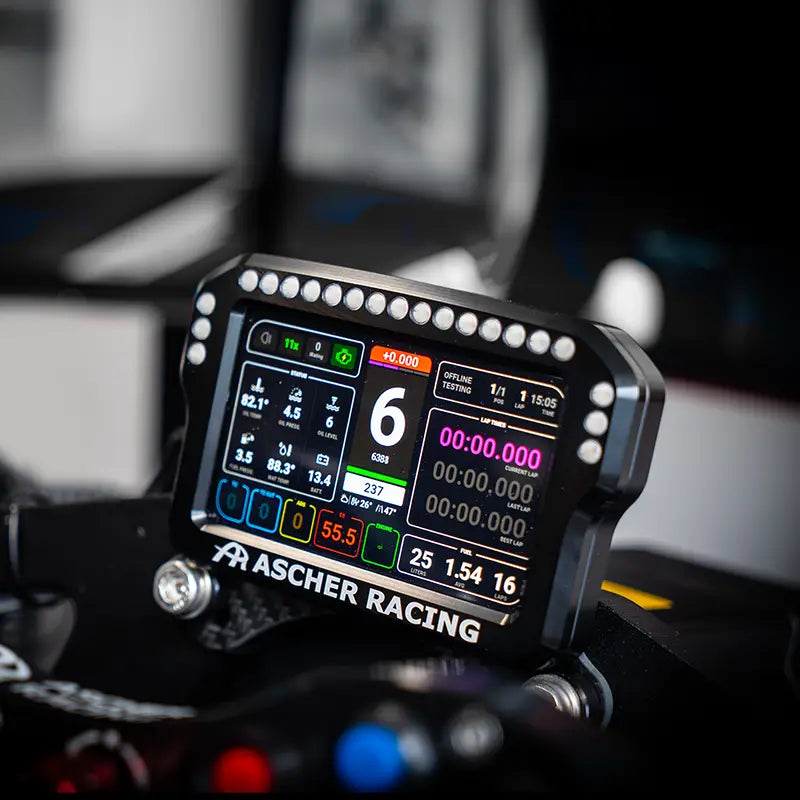 Ascher Racing 5 inch sim racing dashboard with real-time telemetry and shift lights