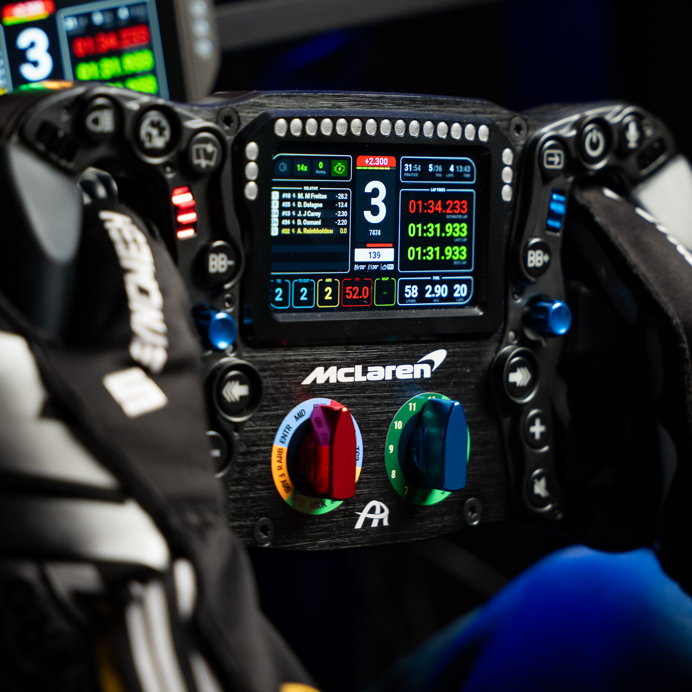 Ascher Racing Artura Ultimate sim racing wheel with brushed aluminum finish and premium grips - official McLaren replica used by Max Verstappen Team Redline