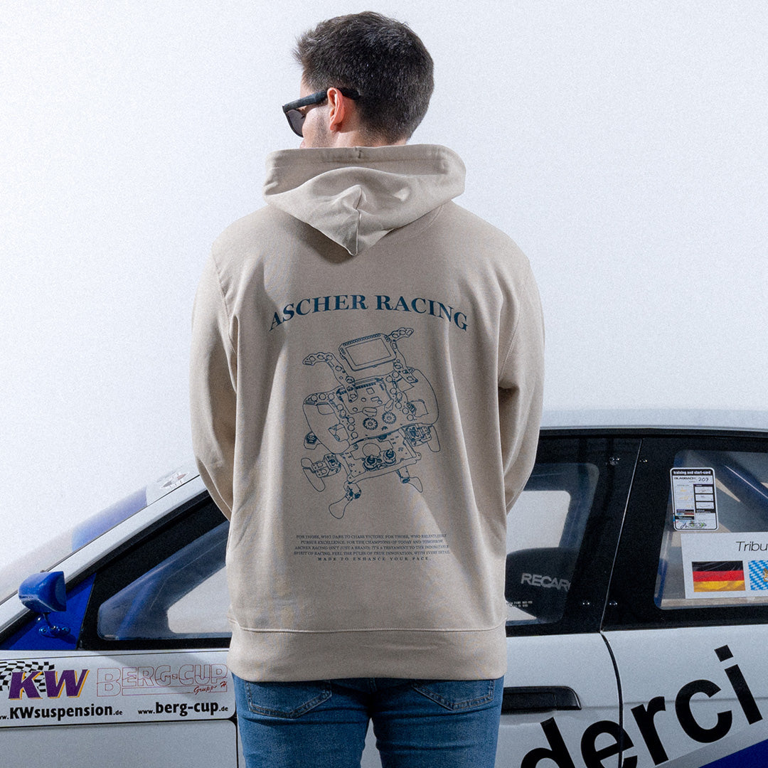 Ascher Racing Blueprint sim racing hoodie — premium unisex pullover in blueprint print
