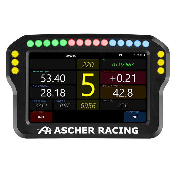 Ascher Racing 4 and 5 inch sim racing dashboards — compact telemetry display