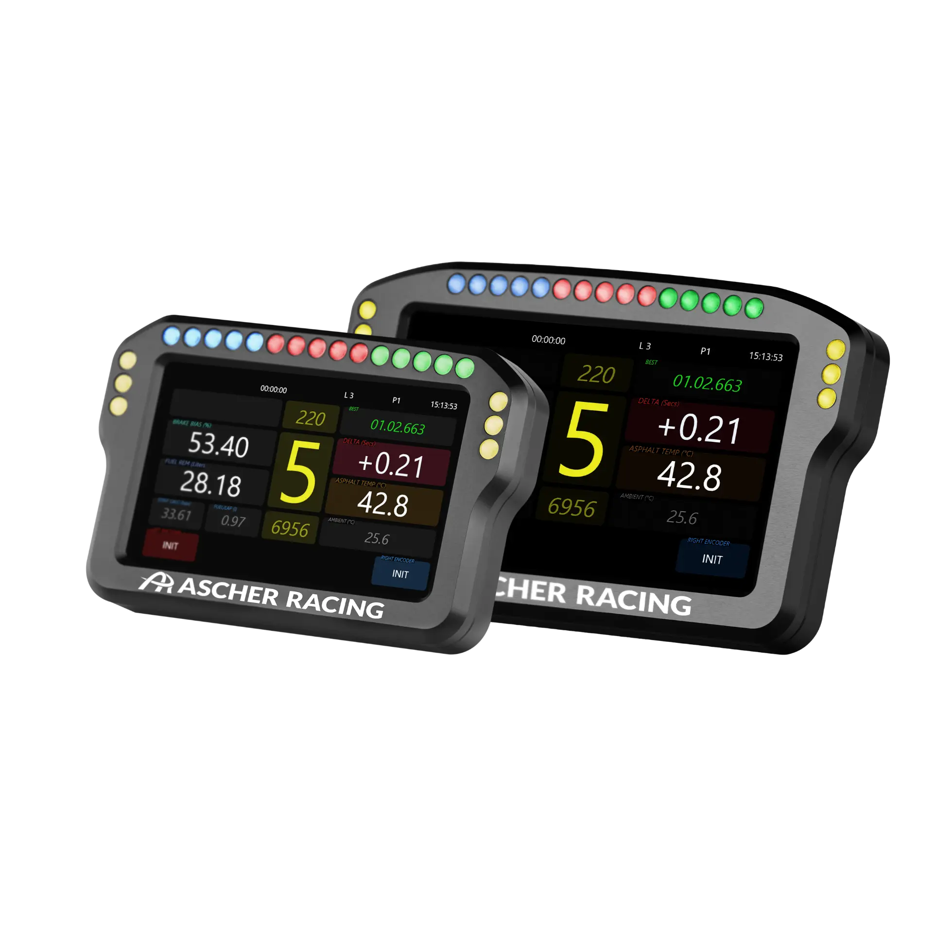 Ascher Racing 4 and 5 inch sim racing dashboards — compact telemetry display