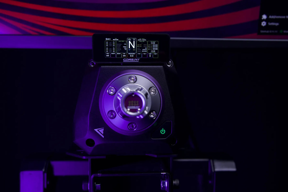 Conspit ARES wheelbase with the CSD Nano dash mounted on top, front view
