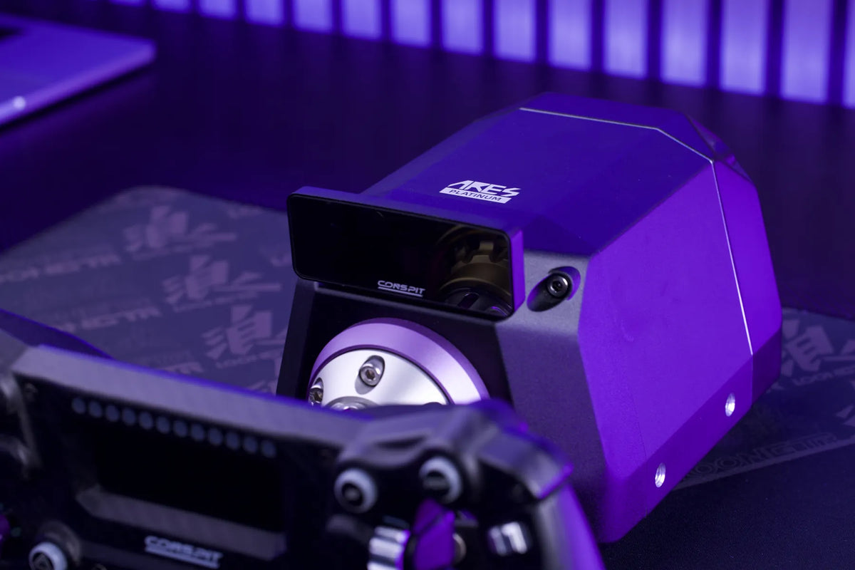 Conspit ARES Platinum direct-drive wheelbase with CSD Nano dash in a sim racing rig