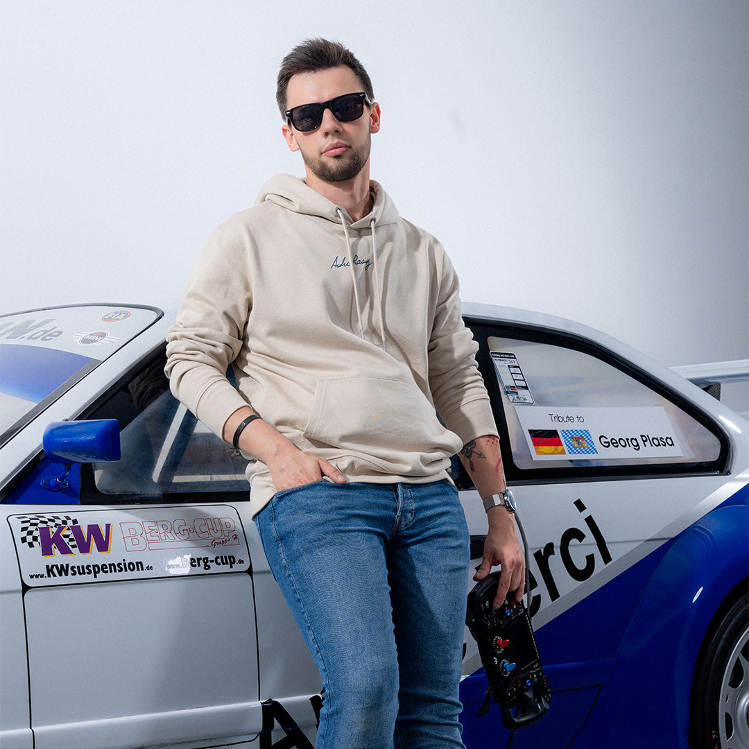 Ascher Racing Blueprint sim racing hoodie — premium unisex pullover in blueprint print