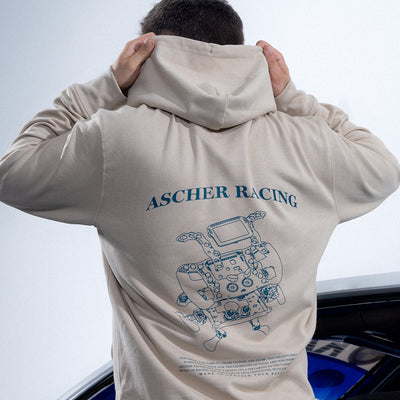 Ascher Racing Blueprint sim racing hoodie — premium unisex pullover in blueprint print