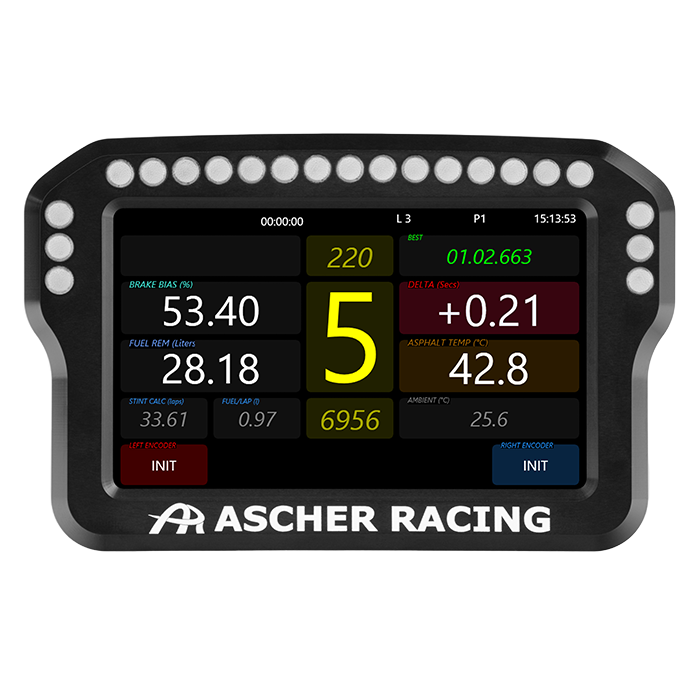 Ascher Racing 4 and 5 inch sim racing dashboards — compact telemetry display