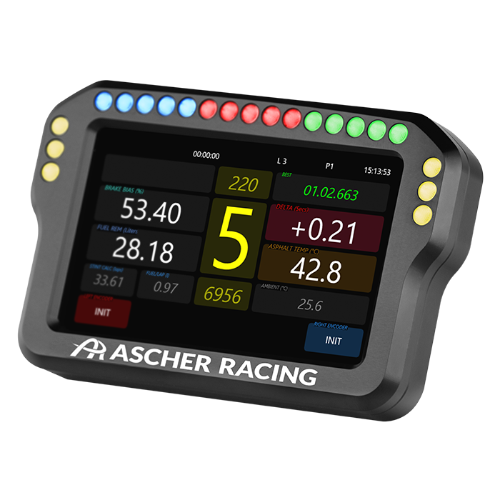 Ascher Racing 4 and 5 inch sim racing dashboards — compact telemetry display