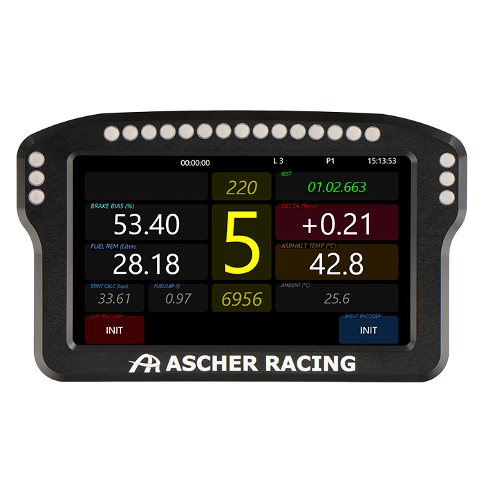 Ascher Racing 4 and 5 inch sim racing dashboards — compact telemetry display