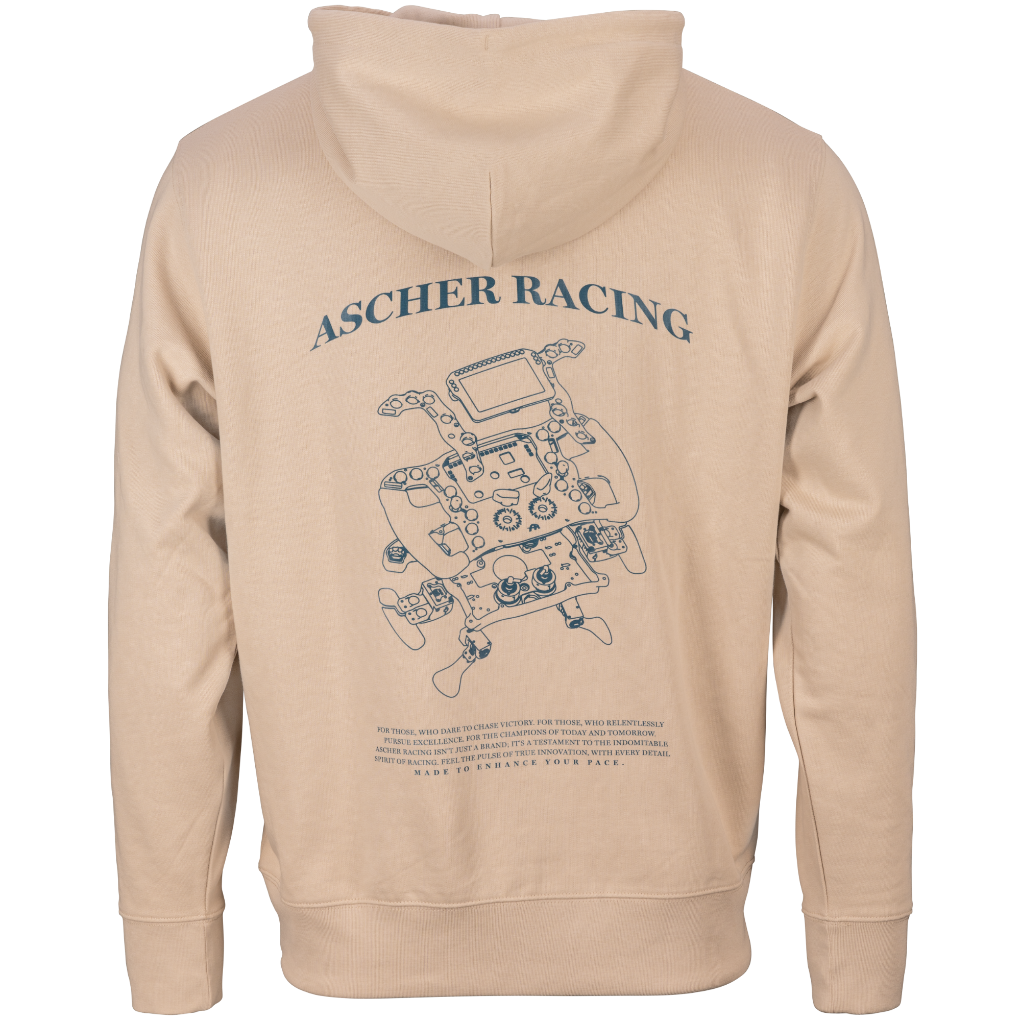 Ascher Racing Blueprint sim racing hoodie — premium unisex pullover in blueprint print