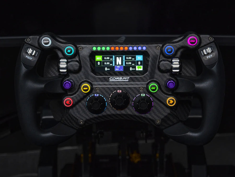 Conspit 300 GT carbon fibre steering wheel in a sim rig